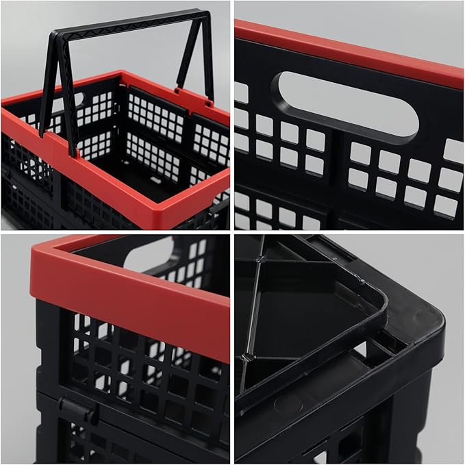 Idomy Pack of 2 Collapsible Storage Crates with Handles, Plastic Grocery Shopping Baskets