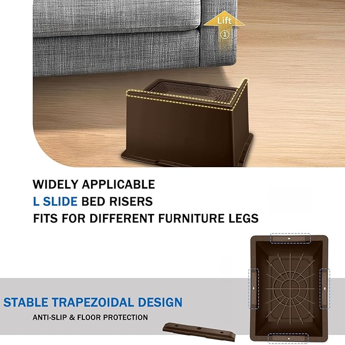 Bed Risers 4 Inch Heavy Duty,Oversized Couch Risers, Extra Wide Furniture Risers for Sofa Table Desk Headboard Chair Lifting,Rectangle Risering Blocks Support 6000 lbs(4 Pack Brown)