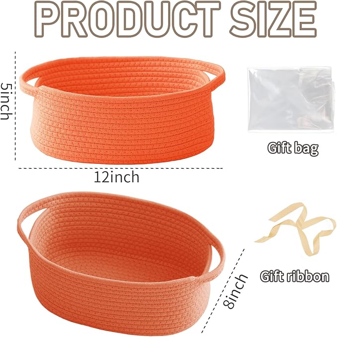 Woven Basket,Small Rope Storage Bin with Handles & Ribbon Bag, Organizer for Shelves Closets,Gift Basket Empty for Birthday,Books,Dog Toys,Orange/3 Pack