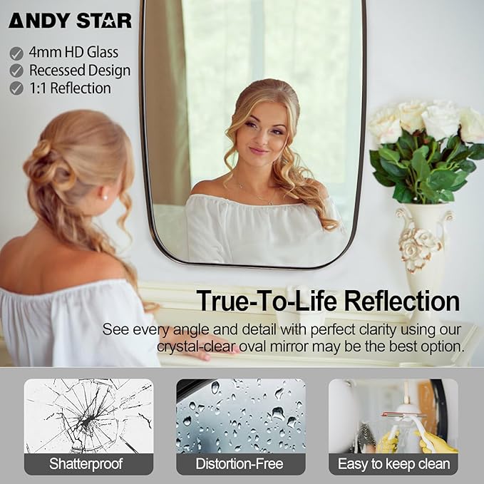 ANDY STAR Bronze Oblong Mirror, 32x40 Inch Brushed Bronze Oval Mirror for Bathroom with Stainless Steel Metal Frame, Wall Mouned for Bathroom, Living Room, Entryway