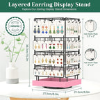 EsLuker.ly Rotating Earring Display Holder Stand for Vendors Events Selling, Large Capacity 64 Hooks Jewelry Rack with Wooden Base for Earring Card Sales, Enhances Retail Display Visibility(Pink)
