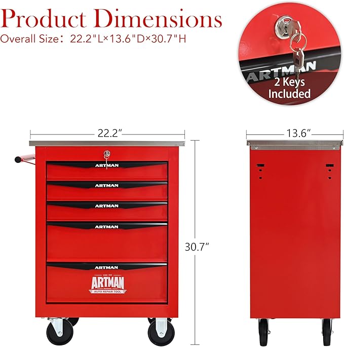 5-Drawer Heavy-Duty Rolling Tool Chest with Wheels & Steel Roof, Lockable Tool Chest Storage Cabinet for Garage, Workshop, Warehouse, and Repair Shop