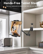 Kitchen Cabinet Tablet Mount - [Metal Adjustable Arm] Under Counter Tablet Holder for Desk Bed Stand with 1.26" Depth Large Clamp for iPad Pro 13 Air Mini, Galaxy, Fire, Switch, iPhone, 6-15.6" Device