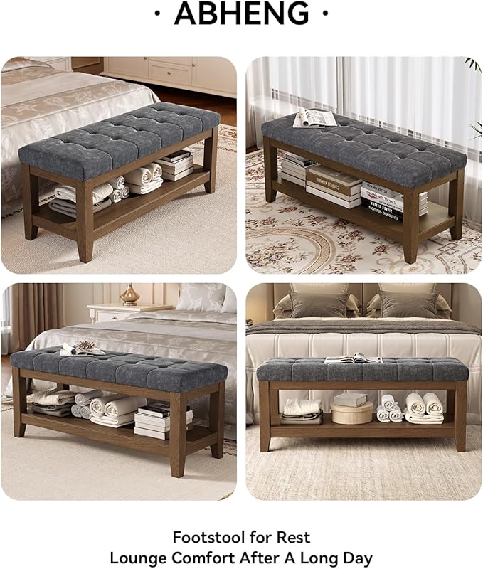 Solid Rubber Wood Shoe Bench, Soft Chenille Material Upholstered Seat, 770LB Load Capacity, Multi-Storage for Entryway/Bedroom/Living Room, Vintage Style, 43.3"x15.7"x17.7", Dark Gray,UASND65G