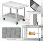 Heavy Duty Utility Rolling Tool Cart, 550 lbs Capacity Plastic Rolling Carts with 360°Swivel Wheels, 40 x 25 Inch Service Cart, 2 Shelf Work Cart for Warehouse,Garage, Cleaning, Grey