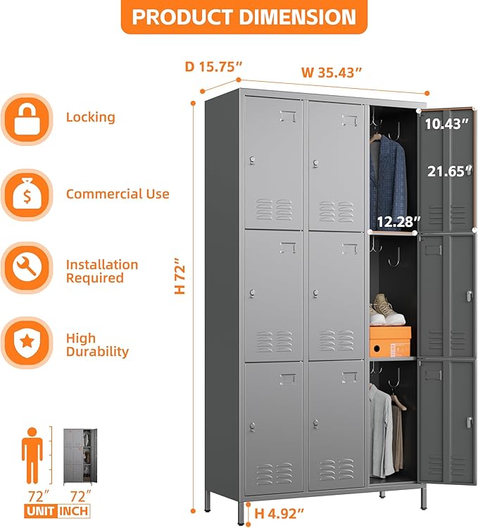Aobabo New 9 Doors Metal Storage Locker for Employees, Lockable Steel Locker with Name Card Slot and 27 Hooks for School Office Gym Garage, Dark Grey, Assembly Required