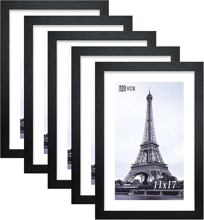 VCK Poster Frame 11x17 Black Set of 5,Solid Wood Picture Frame for Wall Mounting Hanging Art and Puzzles