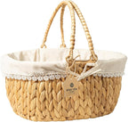 Wicker Basket with Handles and Lining, Handwoven Water Hyacinth Picnic Hamper, Oval Basket for Camping, Outdoor, Fruit, Wine, Thanksgiving day, Birthday, Easter, Gift, Home Decor