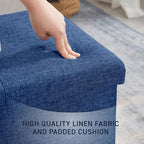 Ornavo Home Foldable Tufted Linen Large Storage Ottoman Bench Foot Rest Stool/Seat - 15" x 30" x 15" (Navy)