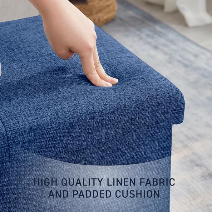 Ornavo Home Foldable Tufted Linen Large Storage Ottoman Bench Foot Rest Stool/Seat - 15" x 30" x 15" (Navy)