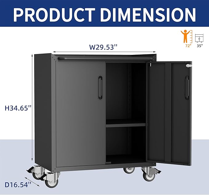 Rolling Tool Cabinet with Wheels, Tool Cabinets with 2 Door for Garage, Tool Room, Assembly Required(Black)