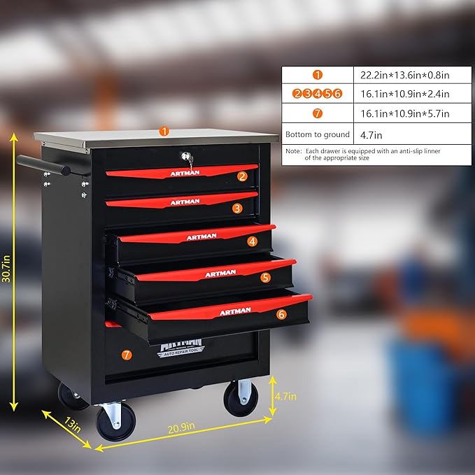 6-Drawer Heavy-Duty Rolling Steel Tool Cart with Handle&Wheels, Metal Storage Organizer Cabinet, Tool Chest for Efficient Tool Storage in Garage, Warehouse, Workshop, Repair Shop, Black&RED