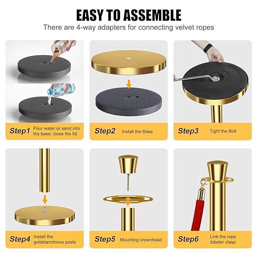kaiyomi 8Pcs Stanchions with Red Velvet Ropes Set, 5 Feet Velvet Ropes and Posts Poles for Red Carpet Party Decoration and 360° Photo Booth (Golden)