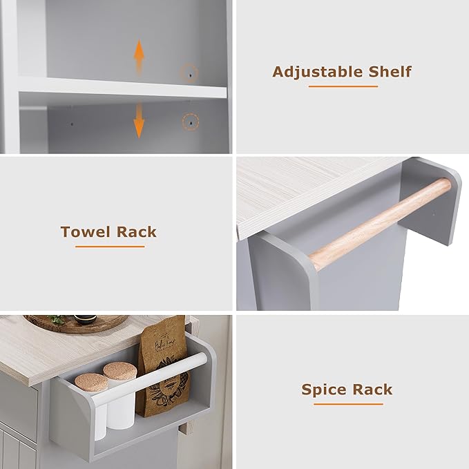 51" Moveable Kitchen Island with Trash Can Storage Cabinet, Kitchen Cart with Drop Leaf, Spice Rack, Towel Rack and Drawer, Rolling Kitchen Island on 5 Wheels with Adjustable Shelf, Grey