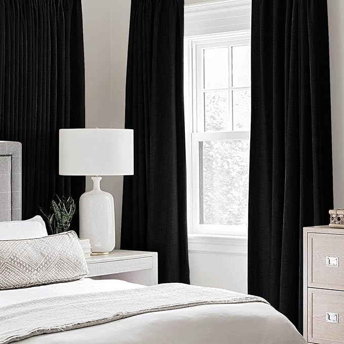 MIULEE Linen Texture Curtains for Bedroom Solid 100% Blackout Thermal Insulated Halloween Black Curtains Grommet Room Darkening Drapes for Living Room Nursery 52x45 Inch (2 Panels)