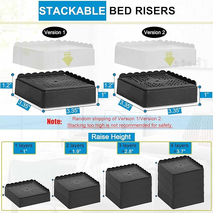 Bed Risers 1 inch, 2 inch, 3 inch, 4 inch Heavy Duty, Adjustable Furniture Riser for Table Desk Couch Sofa Chair Recliner Leg Frame Dorm, Stackable Bed Raisers Blocks (Black 8 Pack, 1+1+1+1 inch)