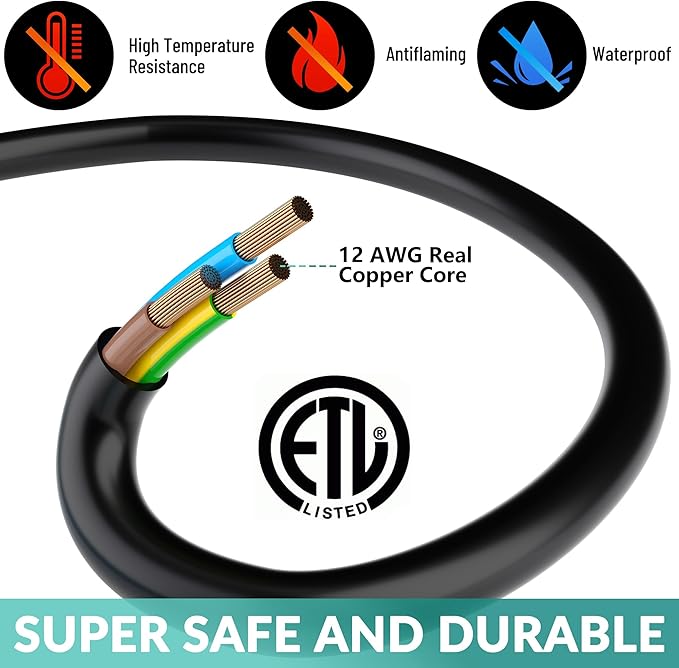 Outdoor Extension Cord 100 Ft with 3 Outlets, 12/3 SJTW 3 Prong Grounded Power Cord, 12 Gauge 12AWG Heavy Duty Power Cable, ETL Listed, 15 Amp 125 V 1875 W-Multiple Outlets for Indoor/Outdoor-Black