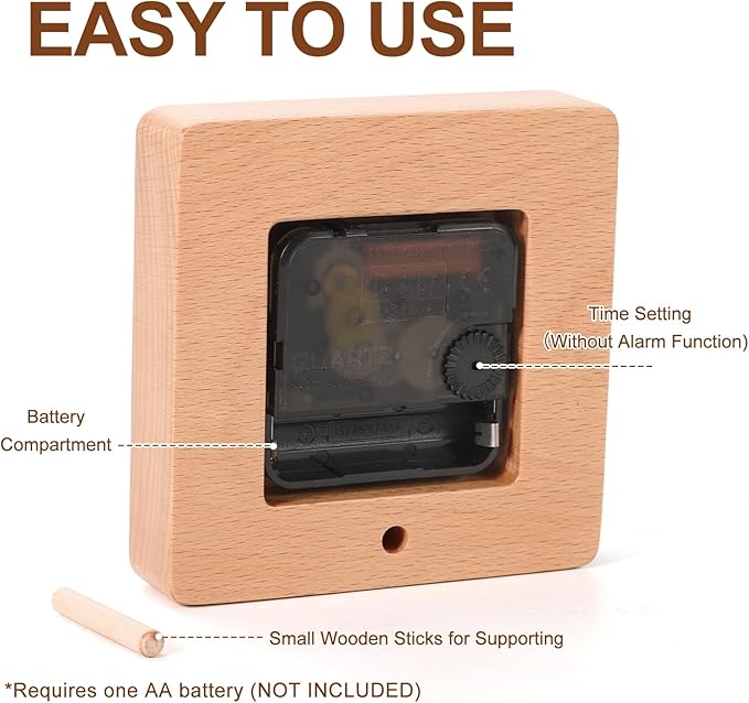 Wooden Table Clock on Stand, Decorative Battery Operated Desk and Shelf Clock, Silent Non-Ticking Desktop Clock for Office, Living Room or Bedroom Decor, Square Shape, Beech Wood