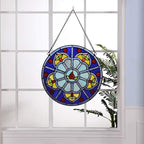 Stained Glass Window Hanging Tiffany Plant Style Blue Flower Suncatcher 12" Roud Wall Decor Art Panel Include 20" Chain and Hooks Perfect Christma Housewarming Gift