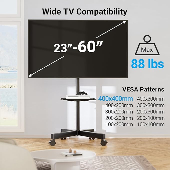 PERLESMITH Mobile TV Stand for 23-60 Inch LCD LED Flat/Curved Screen TVs, Tilt TV Cart Holds up to 88Lbs, Portable TV Stand with Laptop Shelf, Rolling TV Floor Stand Max VESA 400x400mm (PSTVMC06)