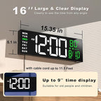 JALL 16" Large Digital Wall Mount Clock, Count Down Timer, Alarm, Big LED, RGB Color, DST, Temperature for Living Room Classroom Desk, Xmas, Birthday Gift for Senior Mom Dad (White Green, 16 inches)