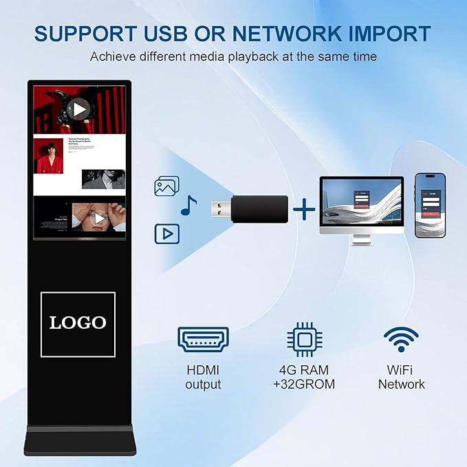65 in Digital Signage Display, 4k Floor Standing LCD Touch Interactive Display Screen,with WiFi USB/App Software Input Digital Totem Auto Ad Player Android 14 (4+64G)