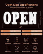 Open Sign for Business, 40"x14" Jumbo Open Sign with Timer and Remote Control, Dynamic Light Modes Led Signs for Storefront Window Bar Salon Cafes Retail Shops White