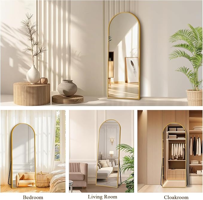 57"x20" Full Length Mirror with Stand, Shatterproof Arched Floor Mirror, Aluminum Alloy Thin Frame - Freestanding/Leaning/Wall Mount for Bedroom, Living Room & Entryway (Gold)