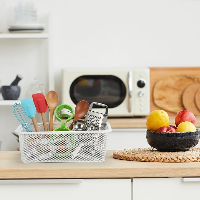 4 Pcs Metal Wire Basket 16.5in Metal Mesh Basket Pantry Organizers Bin Containers for Home Organizing Cabinet Pantry Closet Kitchen Fridge Fruit Makeup Snacks Gifts(White,Small)