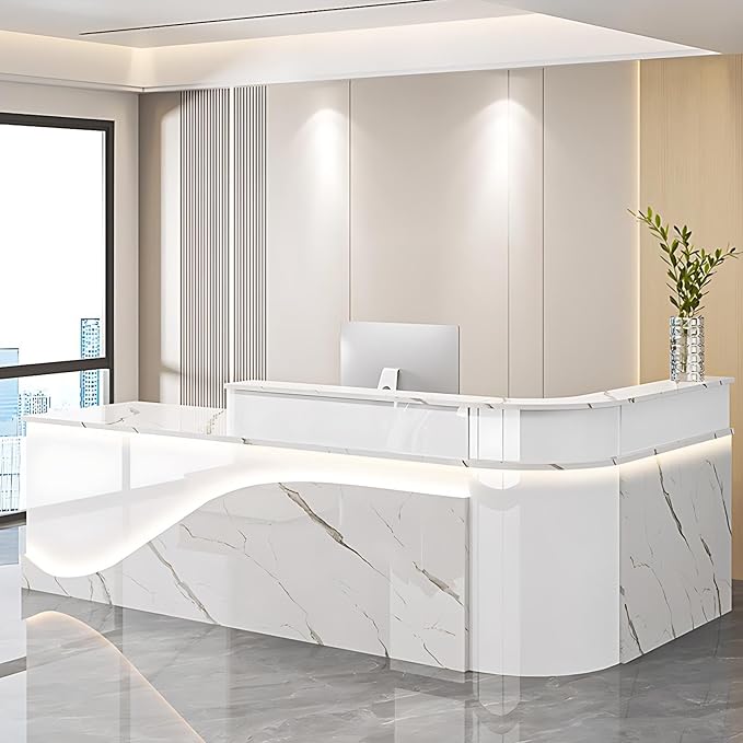 Modern Reception Desk – Front Desk, Reception Counter for Office, Checkout Counter, LED Lighting, Storage, Soft Close Drawers, Custom Logo, Fully Assembled (E,72IN)