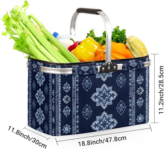 Collapsible Picnic Basket with Handle, Shopping Basket Aluminum Frame, Grocery Basket Tote for Women, Farmers Market Baskets, Harvest Baskets Travel Portable Beach Bag (Tribal-Floral Vintage Blue)