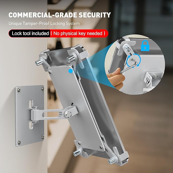 AboveTEK Universal Tablet Wall Mount, Anti-Theft iPad Mount with Locking Enclosure for 9.7"-13" Screen, Heavy-Duty Aluminum Kiosk for Business POS Display, Adjustable 360° Swivel & Tilt VESA Mount