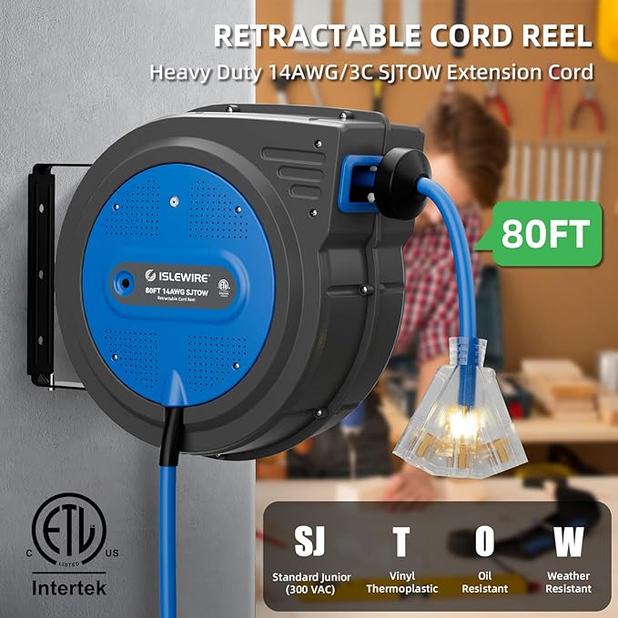 80FT Retractable Extension Cord Reel, 14 AWG/3C SJTOW Heavy Duty Power Cord with Lighted Triple Outlet, 13A Circuit Breaker, 180° Swivel Wall/Ceiling Mount Retractable Cord Reel, ETL Listed, Blue