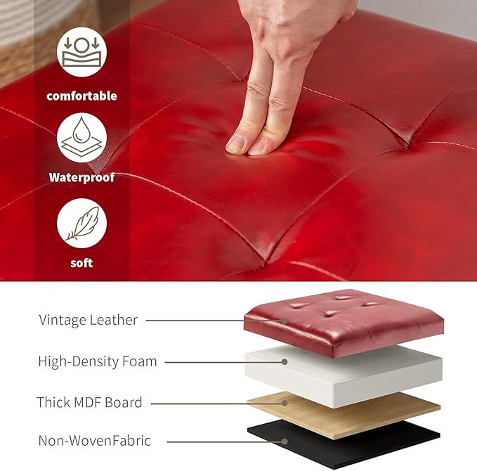 Asense 17 Inch Storage Ottoman Foot Rest,Square Faux Leather Foot Stool,Small Ottoman with Storage,Padded Seat for Entryway,Living Room,Bedroom,Couch,Under Desk,Red