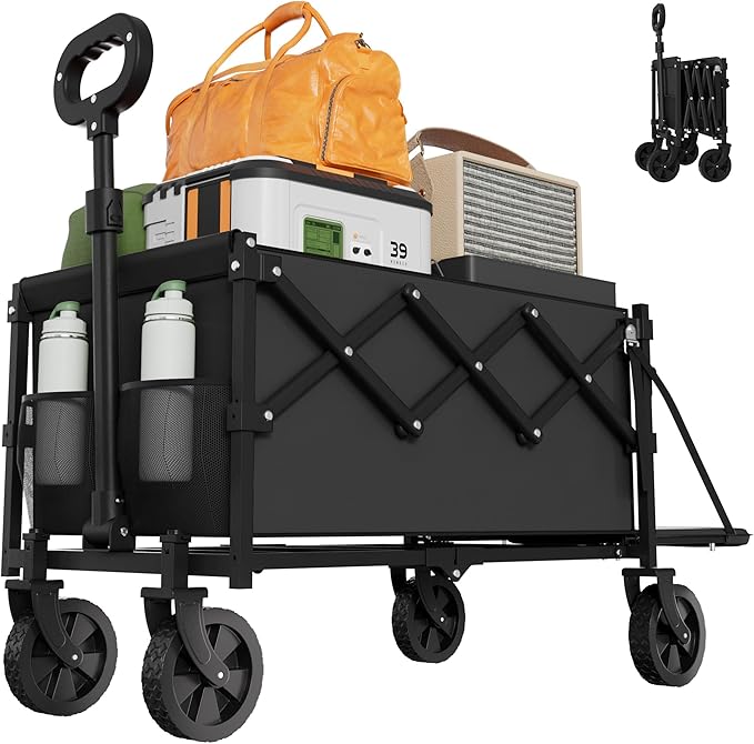 Collapsible Wagon with Wheels, 350lbs Wagons Carts Foldable Wagon Cart with Expandable Storage 100L & Flexible Handle, Lightweight Portable Folding Utility Grocery Shopping Cart for Garden Camping