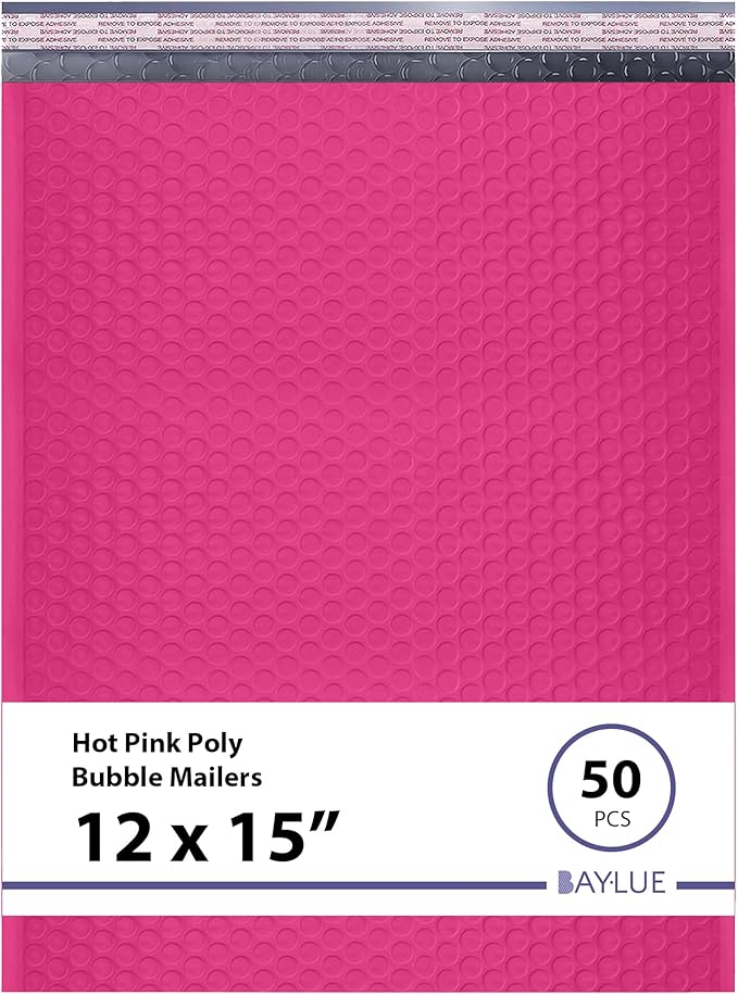 Hot Pink Large Poly Bubble Mailers 12x15 inch | Self Seal Padded Envelopes Cushioned Bubble Mailer | Usable Size 12x15 | WaterProof | Lightweight mailing Shipping Bags | 50 Pack Bulk