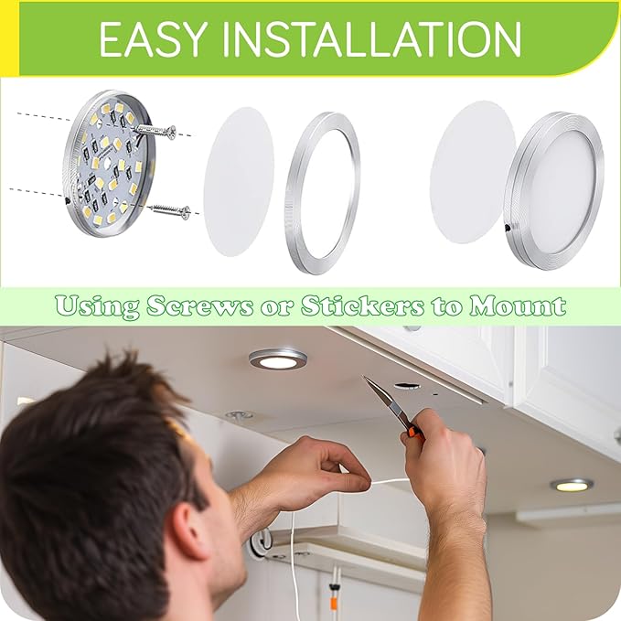 Under Cabinet LED Puck Lighting, Single Light for Hutch Bookcase Display Shelf Lighting, Rotary Dimmer Switch, 120VAC Plug in, White Cord, Warm White