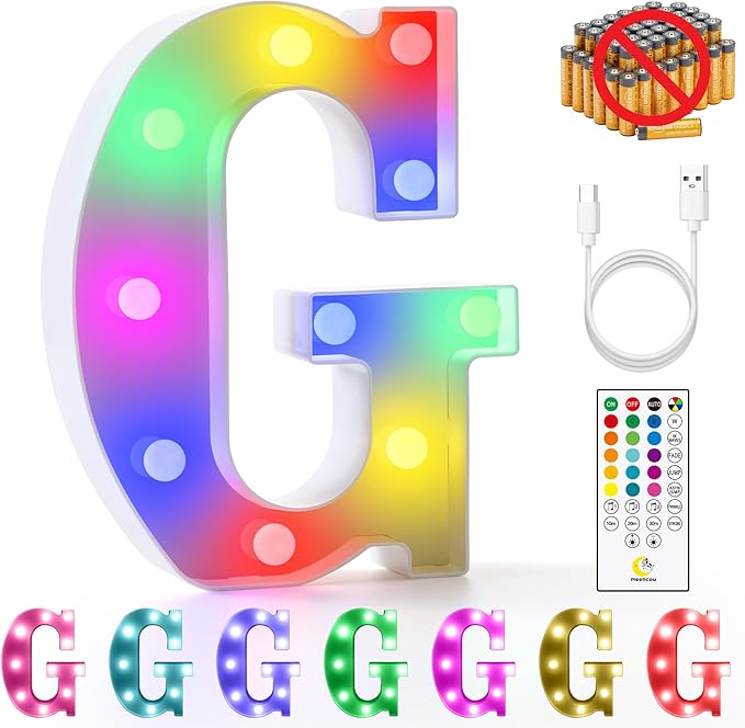 mooncow Rechargeable Light Up Letters,Colorful Marquee Letters with Remote,Gift Wrap Gifts,Bedroom Home Bar Party Decor (G)