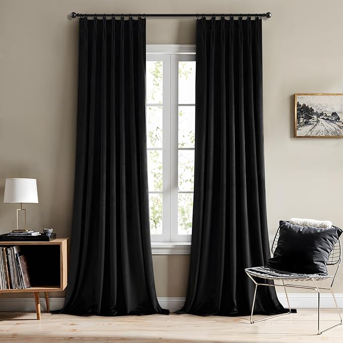 MIULEE Pinch Pleated Black Velvet Blackout Curtains 108 inches Long, Thermal Insulated Pinch Pleat Drapes with Hooks, Luxury Halloween Window Panels for Bedroom Living Room, 2 Panels