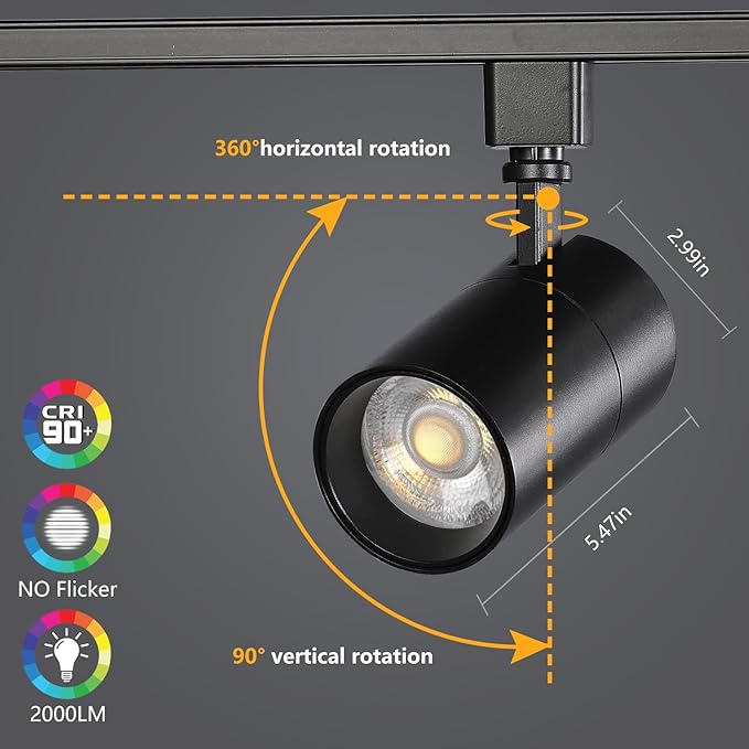 VANoopee 3-Color 20W H Track Lighting Heads Dimmable No Flicker Bright LED Track Lighting Fixtures for Accent Task Retail Kitchen Ceiling Track Light H Type Pack of 4 - CRI90+ 36° 2000lm Black