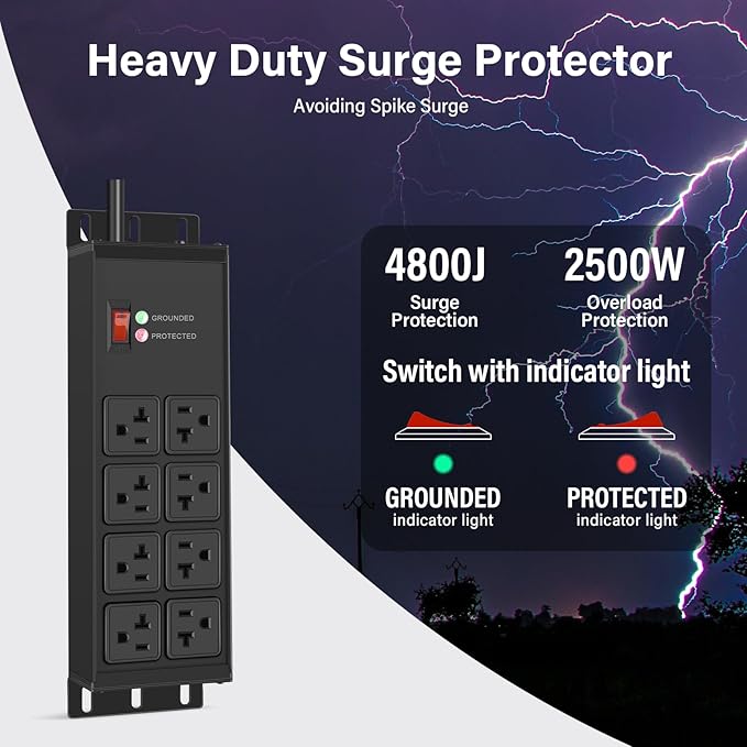 CCCEI Magnetic Heavy Duty Power Strip Surge Protector 20Amp, 12 Gauge High Amp Extension Outlets, Garage Wall Mount 8 Plug Metal Power Strip. 25FT, Black, 5-15P Adapter 6-20R T-Slot 20a for Appliance