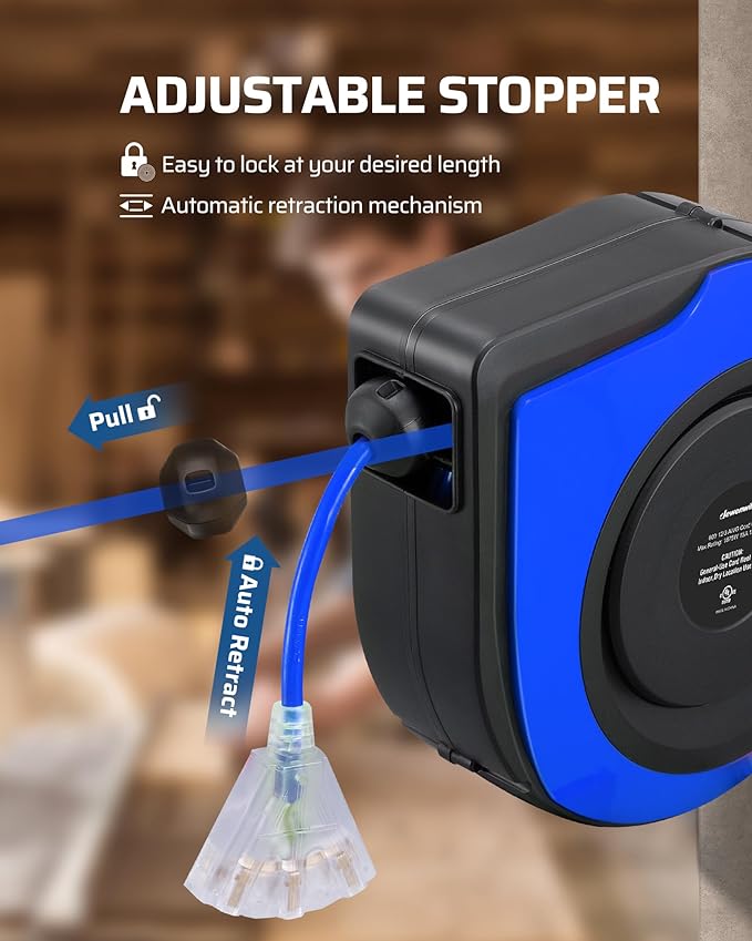 DEWENWILS Retractable Cord Reel, 60FT Heavy Duty Extension Cord, 12AWG/3C SJTOW, 3 Grounded Outlets Lighted Triple Tap, 15A Circuit Breaker, Wall/Ceiling Mounted for Garage, Workshop, UL Listed, Blue