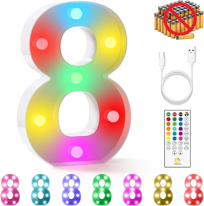 mooncow Rechargeable Light Up Letters,Colorful Marquee Letters with Remote,Gift Wrap Gifts,Bedroom Home Bar Party Decor (8)