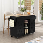 HLR Kitchen Island On Wheels, Black Rolling Kitchen Island Cart with Drop Leaf Countertop, Barn Door Kitchen Islands Table with Storage Cabinet and Tower Rack, Island Table for Kitchen