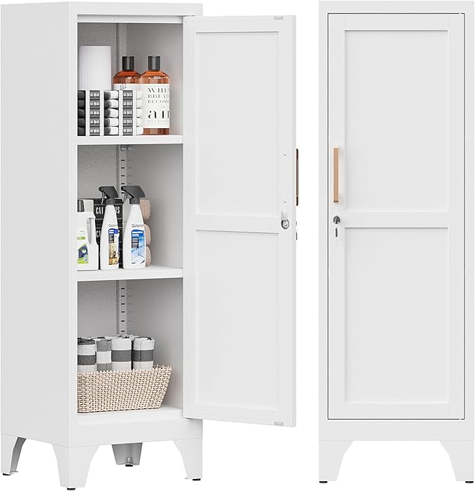 Bestoo Metal Locking Cabinet, 46" H Storage Locker with 1 Magnetic Door and 2 Adjustable Shelves, 3-Tier White Storage Cabinet for Bathroom, Kitchen, Pantry, Home, Office, Garage
