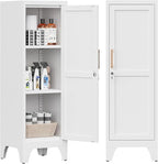 Bestoo Metal Locking Cabinet, 46" H Storage Locker with 1 Magnetic Door and 2 Adjustable Shelves, 3-Tier White Storage Cabinet for Bathroom, Kitchen, Pantry, Home, Office, Garage