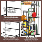 HEOMU Sports Equipment Organizer, Ball Organizer with Elastic Rope and Side Rack, Garage Ball Storage with 5 Hooks and 2 Baskets, Basketball Rack for Garage, Gym, Indoor or Outdoor, Black