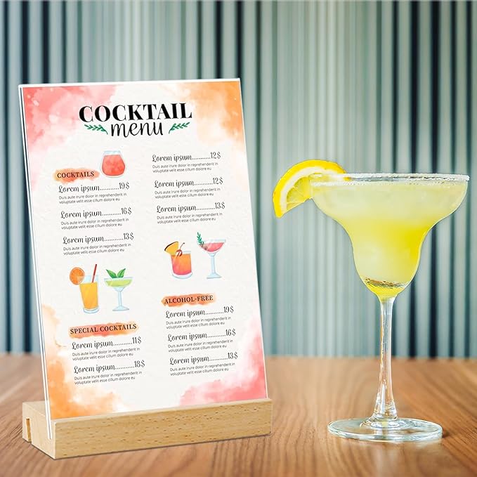 TONICE 5x7 Acrylic Sign Holder with Wood Base 6 Pack L/T Shape Vertical or Slant Back Display for Wedding, Restaurant, Store, Office, Hotel