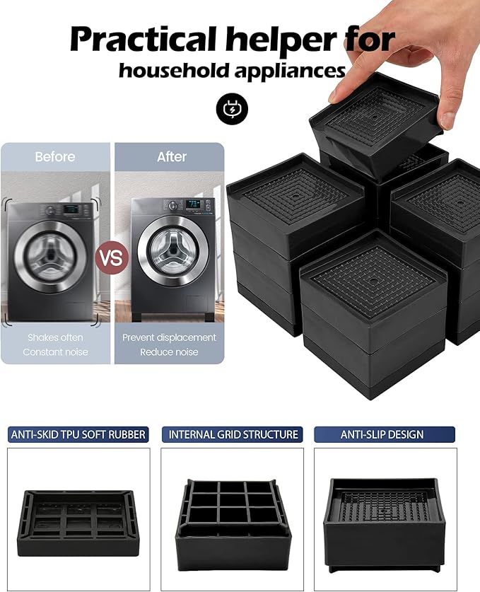 Furniture Risers, Tclouda Bed/Sofa/Desk/Table/Chair Leg/Fridge Lifts to 1.5, 3 and 4 in, Rectangle Adjustable Risers Blocks for Extenders, Heavy Duty Supports Up to 1300 Lbs, 1.5 in-Black-Square