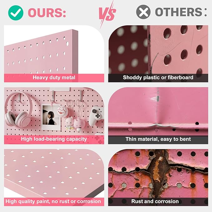 Peg Board, 4 Pack Metal Pegboard Panels Pink Pegboards Wall Organizer with Frame Large Heavy Duty Peg Board with Hooks for Walls Home, Garage Tool Storage, Office, Craft Room, Kitchen 24”×16”